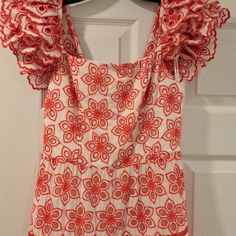 Alice + Olivia White Maxi Dress with Red Floral Eyelet Pattern - Picture 8 of 12
